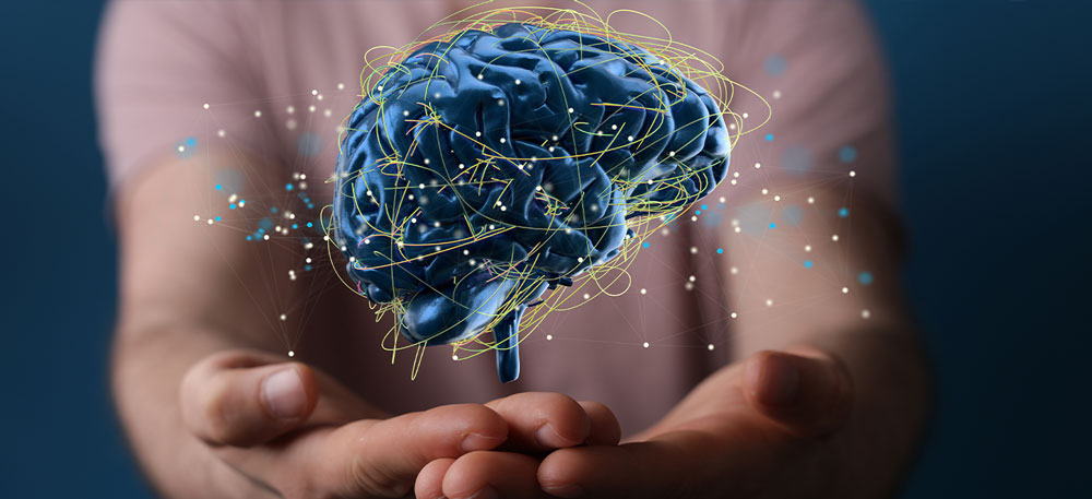 Fotografía de una persona sosteniendo la ilustración de un cerebro